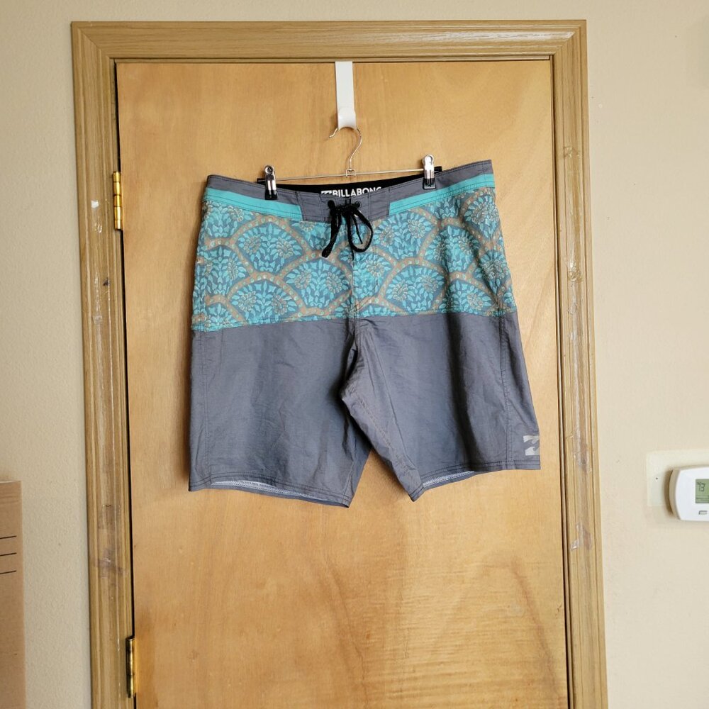 Billabong Teal Patterned and Gray Swim Board Shorts